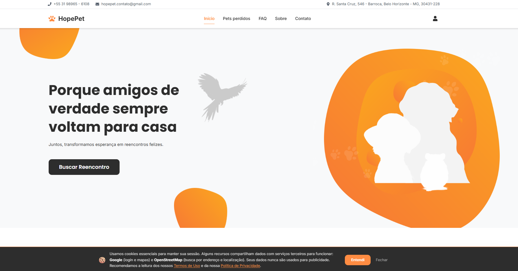 Screenshot of the Hope Pet platform's home page