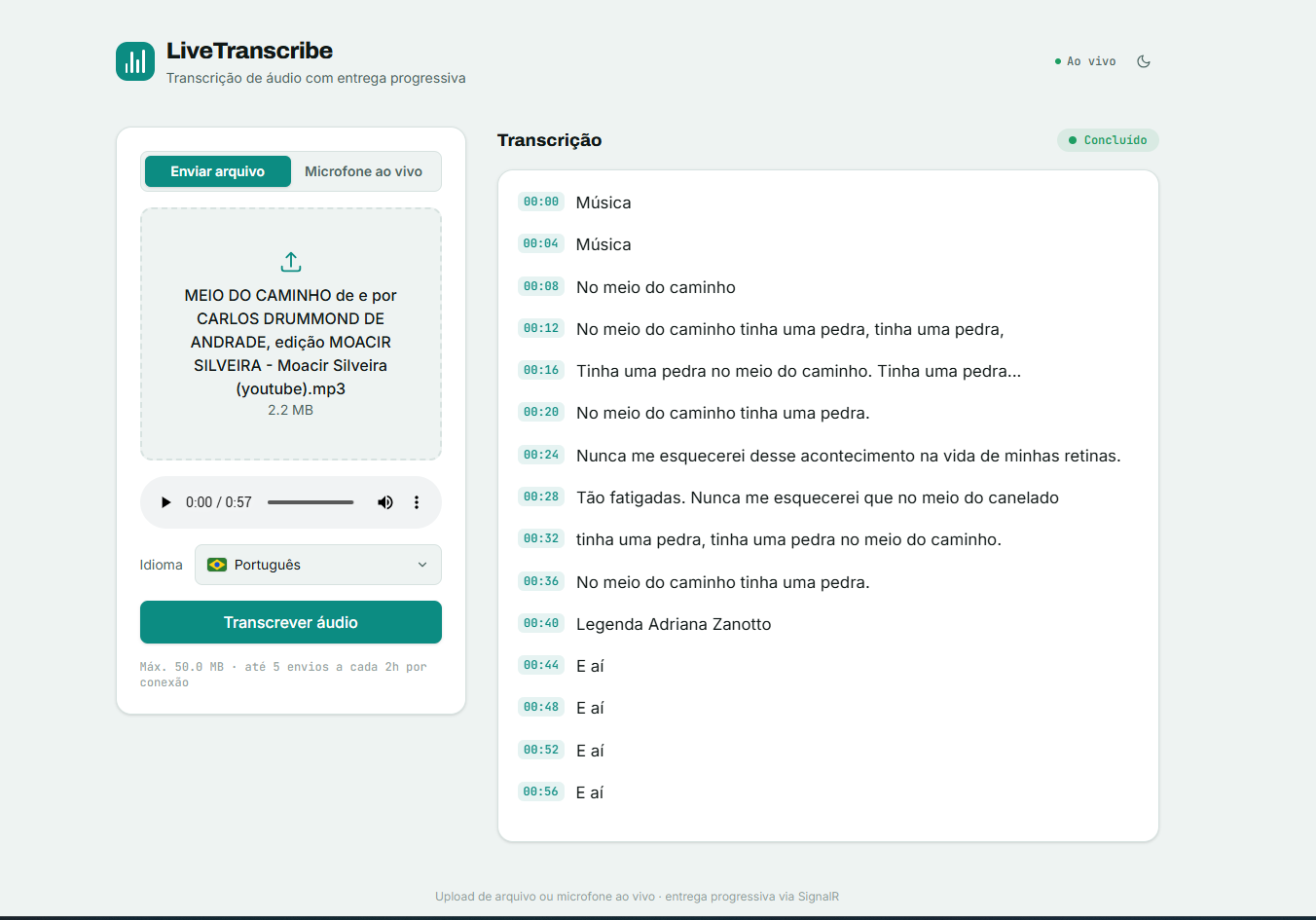 Screenshot of LiveTranscribe showing an audio transcription in progress