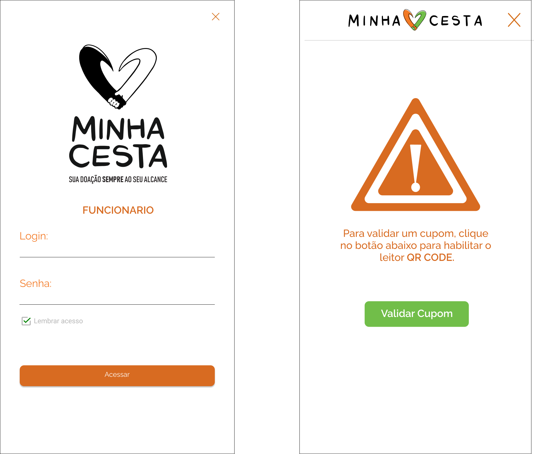 Screenshot of the MinhaCesta Funcionário app, an Android system for managing delivery routes and inventory control