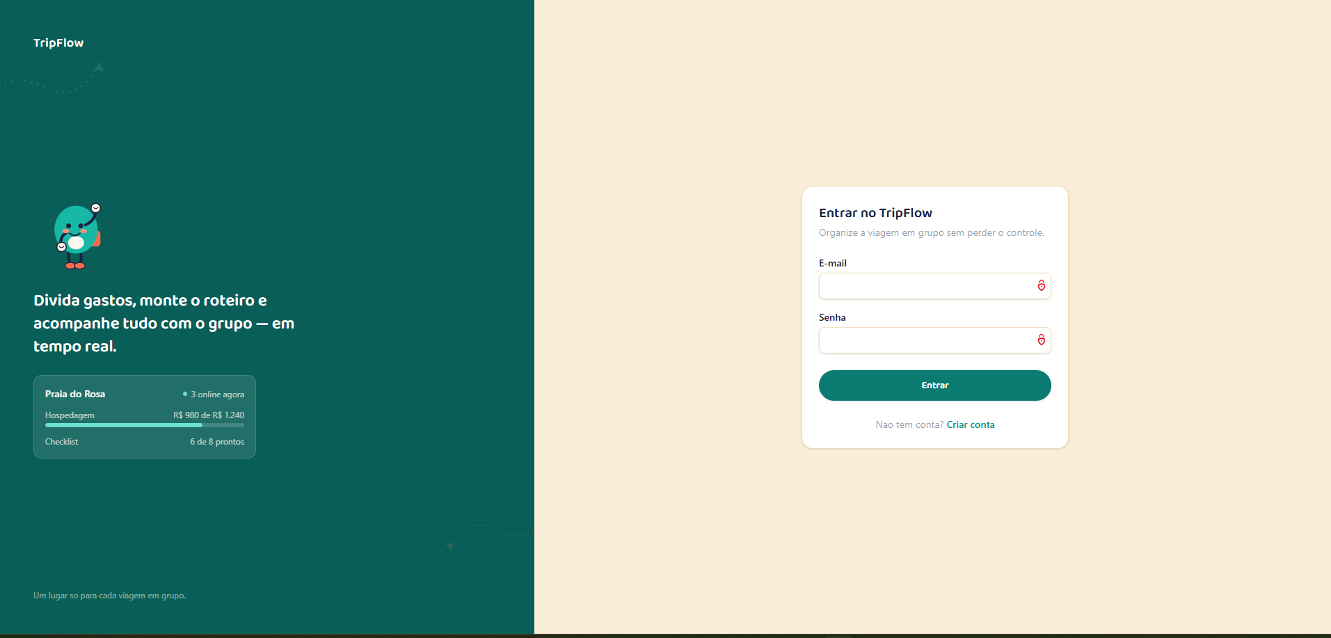 TripFlow login screen, with the app's visual identity and mascot